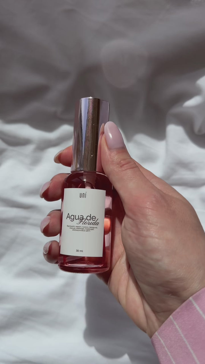 Aqua de Florida перуанська ароматична суміш у скляному флаконі на білому фоні
